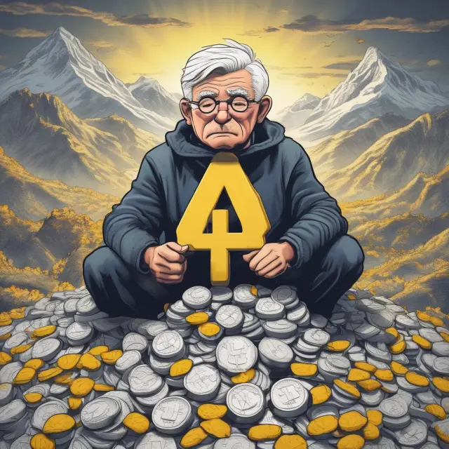 An elderly person wrestles with negative interest rates, represented by a sign atop their gold coins.