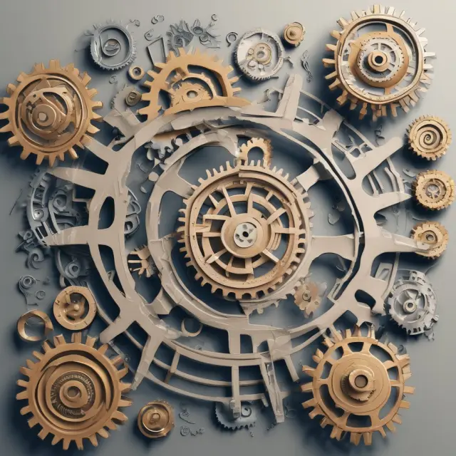 An intricate clockwork depicting zero-cost strategies, with gears representing various investment tactics enabling individual investors to maximize returns