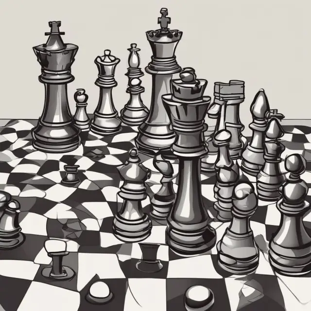 A chessboard with dynamic market pieces representing zero-cost strategies; pieces face challenges such as margin requirements, complexities, volatility, and regulatory constraints.