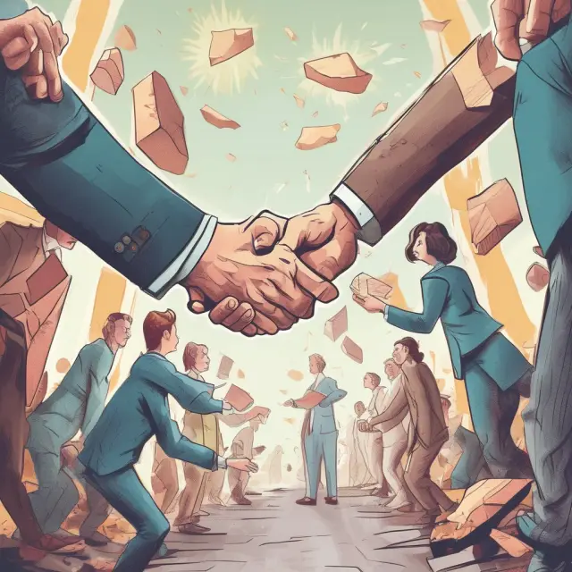 Two figures exchanging handshakes on a balanced scale, representing trust and management of counterparty risk during zero-coupon inflation swaps.