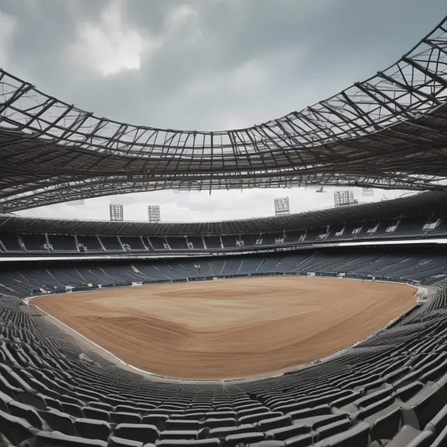 Construction of a stadium with a speeding clock, symbolizing the heightened credit risk and eventual loan repayment in a zero-coupon mortgage.