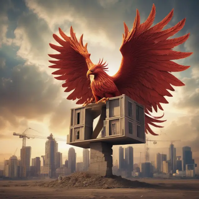 An image of a majestic phoenix emerging from the rubble of a construction site, representing the benefits and potential for growth through zero-coupon mortgage financing.