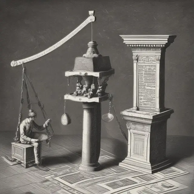 An investor weighing the price of a zero-coupon bond on an ancient scale against the face value, representing the balance between investment risk and potential return