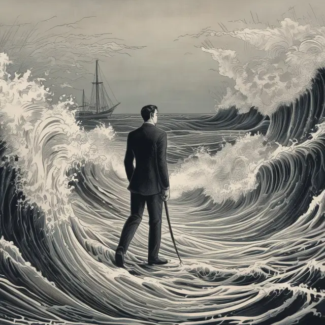 Bond trader sailing on a turbulent sea, searching for buyers in the zero-coupon bond market to ensure liquidity.