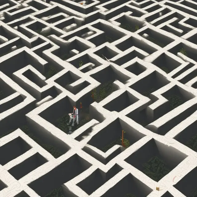 An intricate labyrinth maze represents the pricing process for zero-coupon convertibles, with scientists adjusting parameters like stock prices, interest rates, and volatility