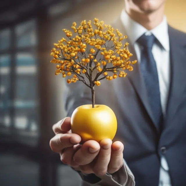 A stable investor holding a golden apple tree, symbolizing zero-dividend preferred stocks, with predetermined returns as its fruit, surrounded by volatile stock market fluctuations