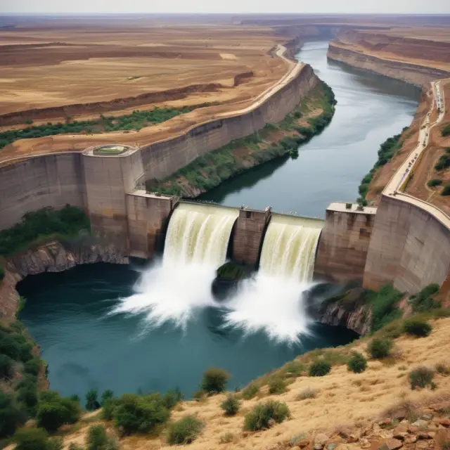 A serene river symbolizing interest rates with dams representing various derivative instruments maintaining balance and managing risk