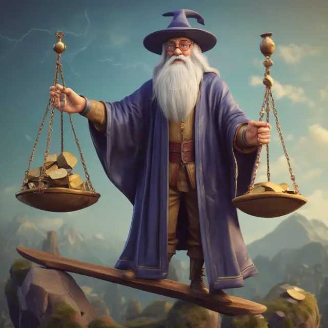 A financial wizard in a robe balances a scale using interest rate swaps to manage asset-liability duration and convexity risks.