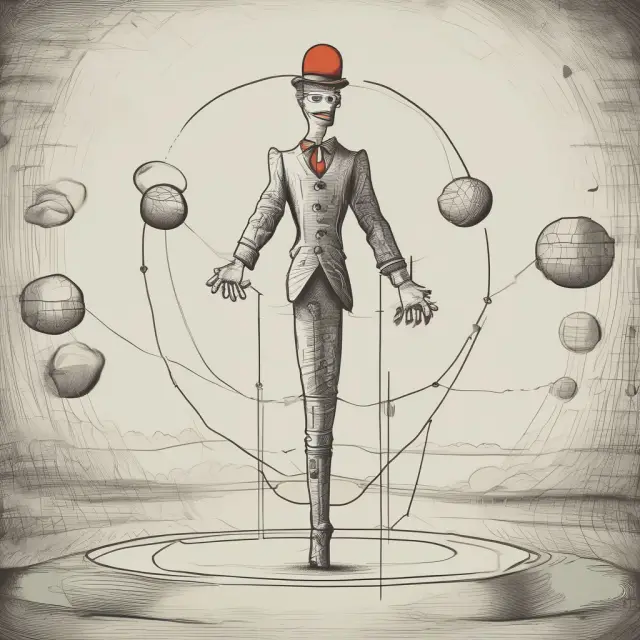 A financial juggler attempting to balance asset and liability balls while dealing with unpredictable market force rings