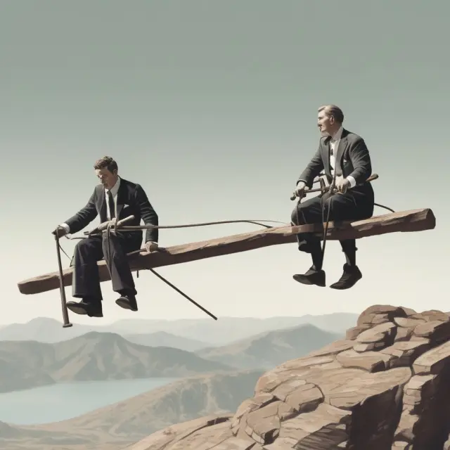 A broker and short seller weighing securities on a seesaw, unable to balance them for a true zero-investment portfolio. Regulations and commissions hinder the achievement of this elusive goal.