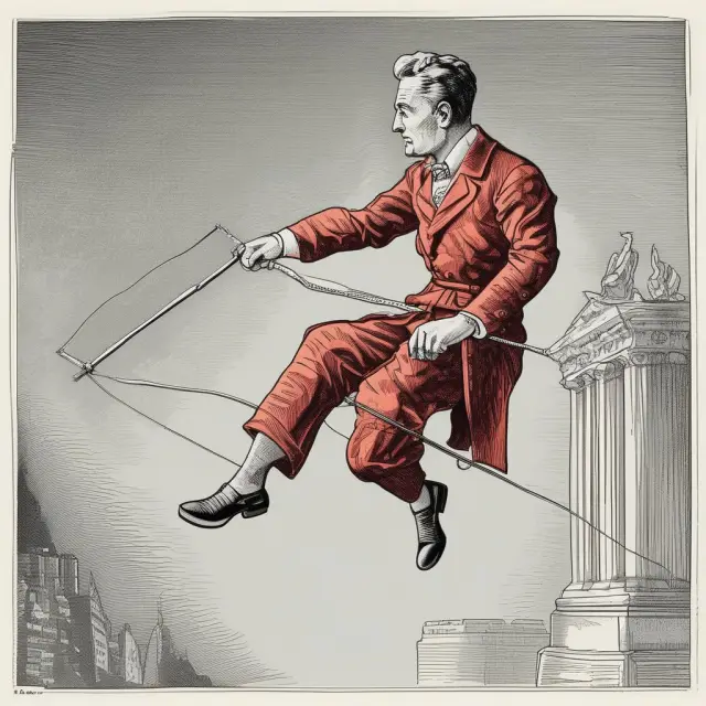 An investor in a suit balances on a tightrope, symbolizing the challenge of achieving zero-risk arbitrage opportunities amidst market friction
