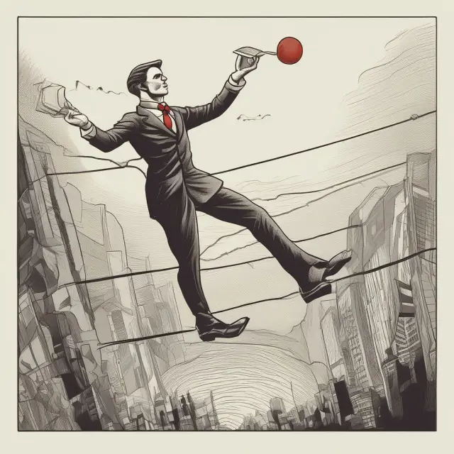 Tightrope walker juggles SEC regulations and stock symbols, emphasizing the challenge of zero-net investment portfolios.