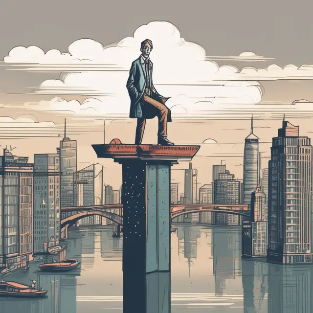 An investor standing on a bridge with a balance scale holding a zero-investment portfolio, demonstrating effective risk management.