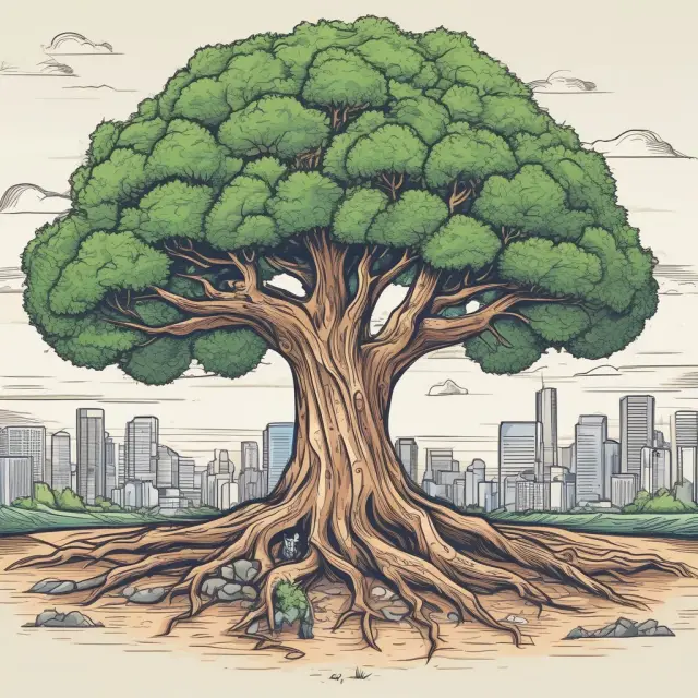 Tree representing a zero layoff policy in an economic downturn, with cost-cutting methods such as salary reductions and benefits modifications fostering growth while maintaining employee morale