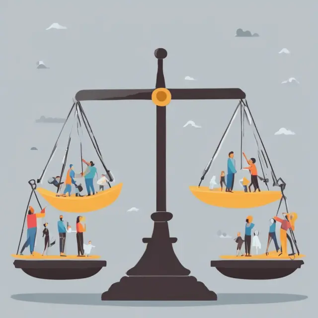 An old-fashioned balance scale with employees on one pan and economic downturns symbolized by stormy seas on the other, emphasizing the challenges of maintaining a zero layoff policy.