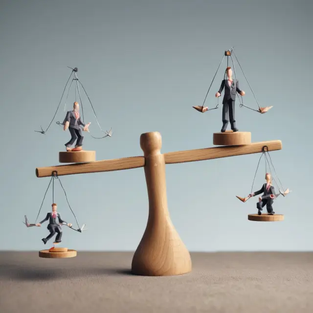 Seesaw with scales balancing employees and employers representing the equilibrium of a zero layoff policy