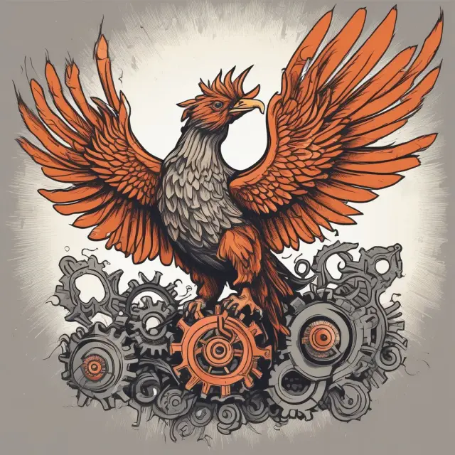A mythical phoenix emerging from a nest of interconnected gears, illustrating the adaptability and commitment of a zero layoff policy.