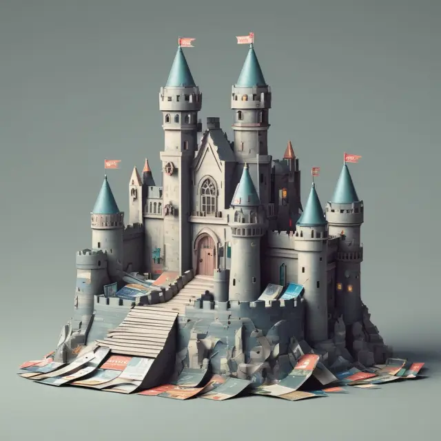A protective castle composed of credit cards shielding a debit card, representing federal laws and zero liability policies