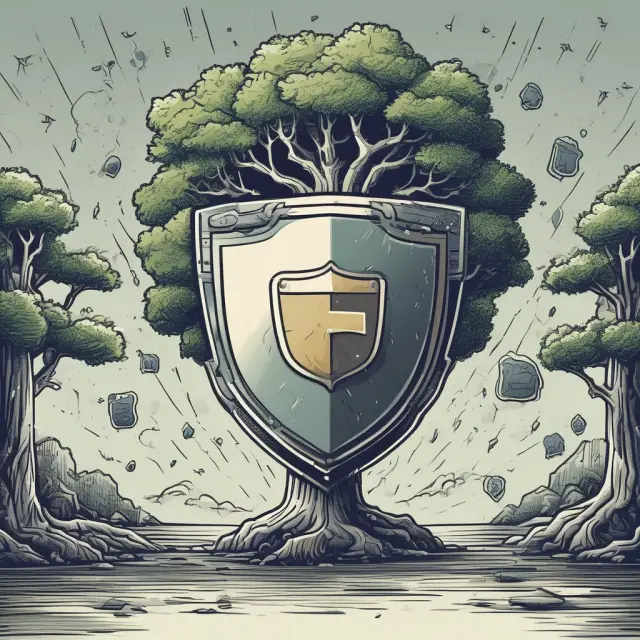 An image of a shield emblazoned with a credit card design, guarding a tree representing growth and wealth from a stormy backdrop symbolizing digital threats