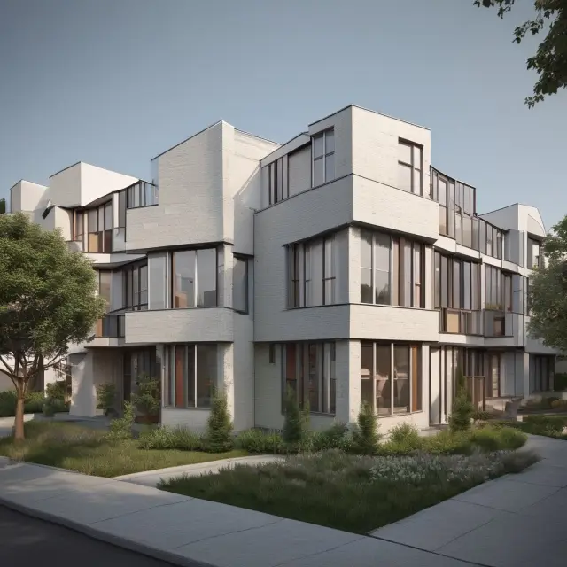 An image of various zero-lot-line houses in a vibrant urban setting, forming a cohesive mosaic of a thriving community