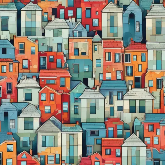 A vibrant mosaic of zero-lot-line houses, symbolizing the unique balance between space optimization, affordability, and community in urban areas
