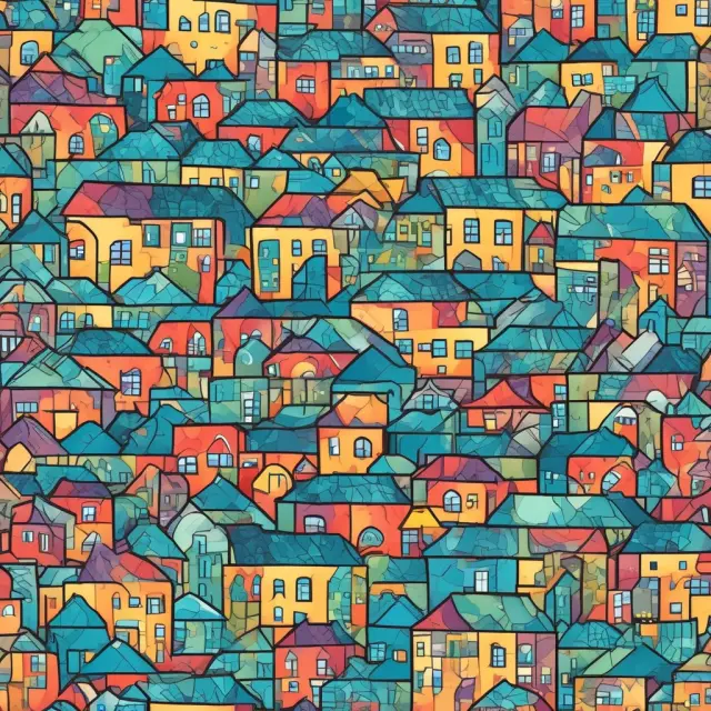 Zero-lot-line houses as urban jigsaw puzzle pieces creating an intricate mosaic, symbolizing affordable housing and urban renewal