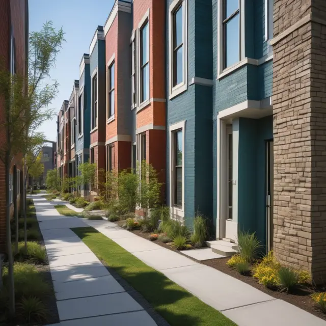 A collage of townhouses, garden homes, and rowhouses illustrating the diverse landscape of zero-lot-line houses in urban areas.