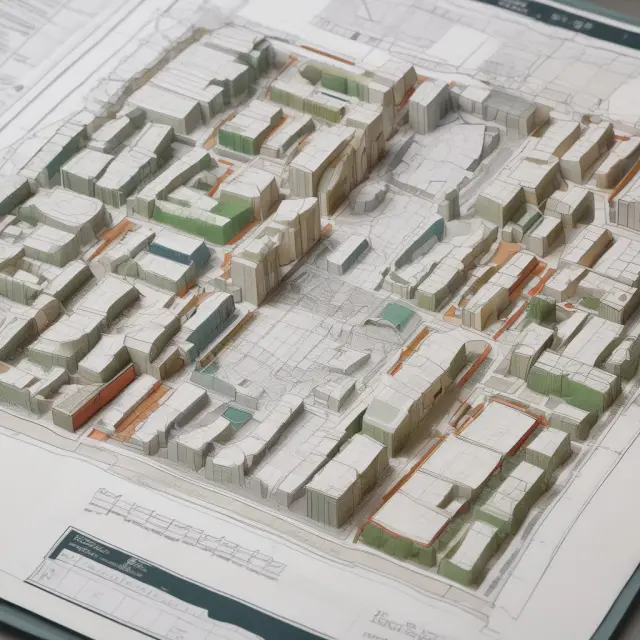 An open lawbook displays pages representing city maps, with sections for zoning regulations and property management highlighted