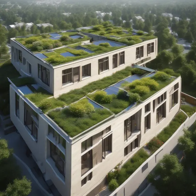 Zero-lot-line houses with green roofs and solar panels representing sustainable urban living