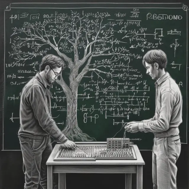 Two mathematicians at a chalkboard, implementing techniques for solving zero-one integer programming problems - linear programming, branch-and-bound algorithms, and simulated annealing