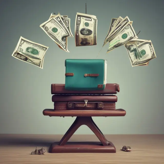 Shopping cart brimming with goods balanced atop a wallet containing money, illustrating zero percent financing.