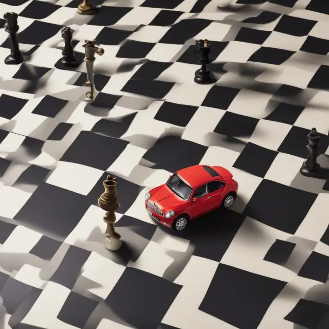 A chessboard populated by pawns symbolizing zero-percent financing deals and rooks representing hidden costs, with a car at the center.
