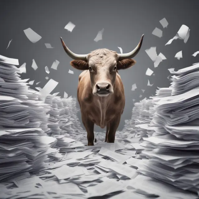 Zero bull struggling with a mountain of papers representing manual bookkeeping; digital scales symbolizing computerized systems offering relief
