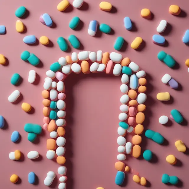 A bridge made of prescription pills connecting two sides, symbolizing access to essential health services while reducing financial burden.