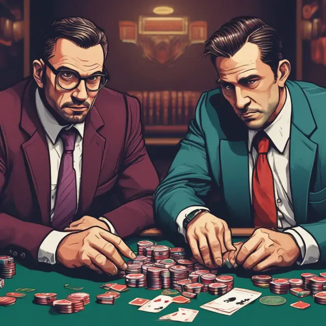 Two opponents face off in a high-stakes poker game, representing stock market competition between buyers and sellers