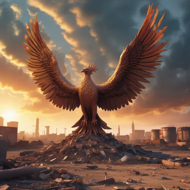 A phoenix rising from industrial ruins amidst an enterprise zone signifies investment, growth, and job creation within designated areas