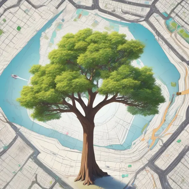 Image of a flourishing tree adorned with cherry blossoms blooming in the heart of the United States, surrounded by pinpointed enterprise zones symbolizing successful economic development