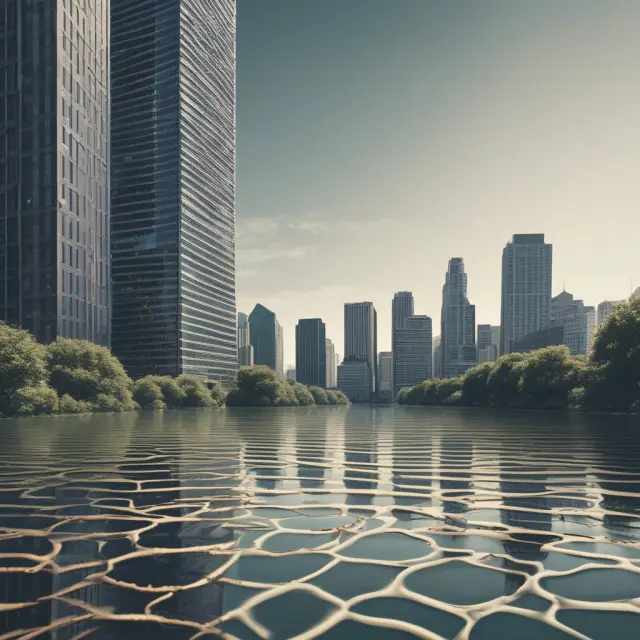 A cityscape undergoing transformation as a stone tax token spreads its influence, illustrating the economic growth spurred by zero capital gains rates