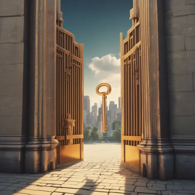 An image of a golden key unlocking a city gate, representing the opportunities provided by zero capital gains rates in enterprise zones