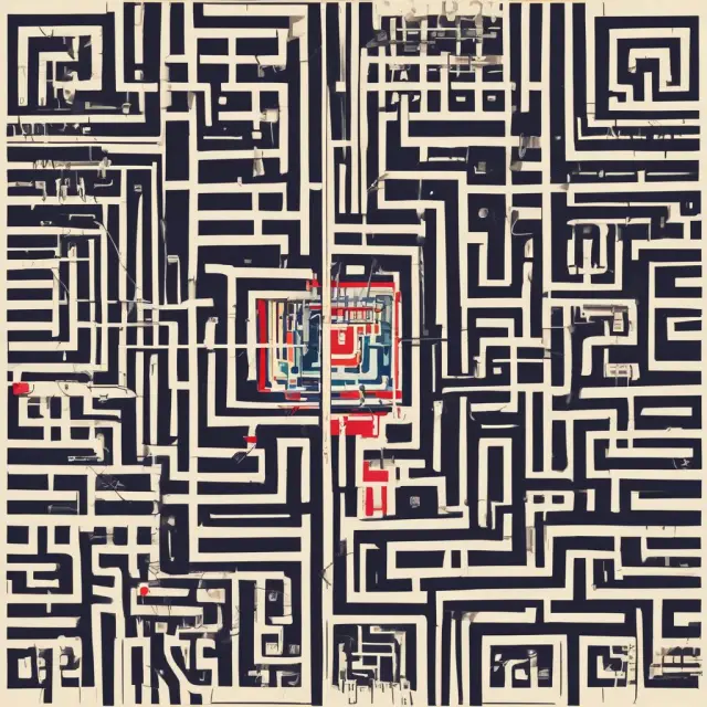 An intricate maze with winding paths representing various regulations guiding short selling. Labeled sections include the Uptick Rule, Regulation SHO, and Market Wide Circuit Breakers