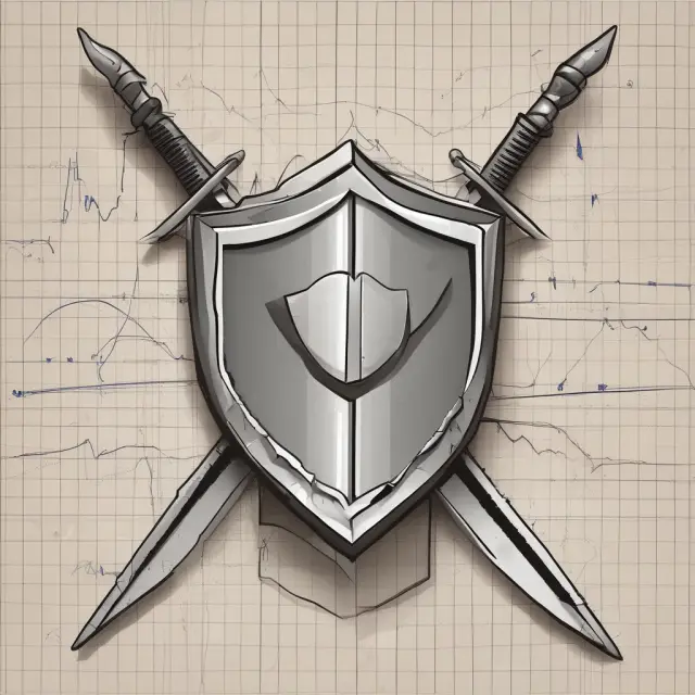 An image of a shield and sword merging to form a zero cost collar around a rising stock graph, symbolizing protection from downside risk while maintaining potential gains