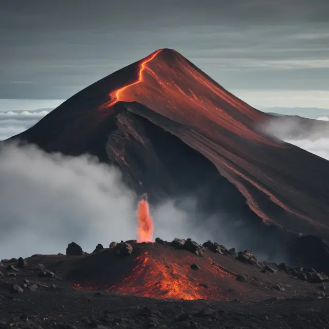 A volcanic peak with a protective put option as a shield and a covered call as a cap, illustrating a zero cost collar strategy.