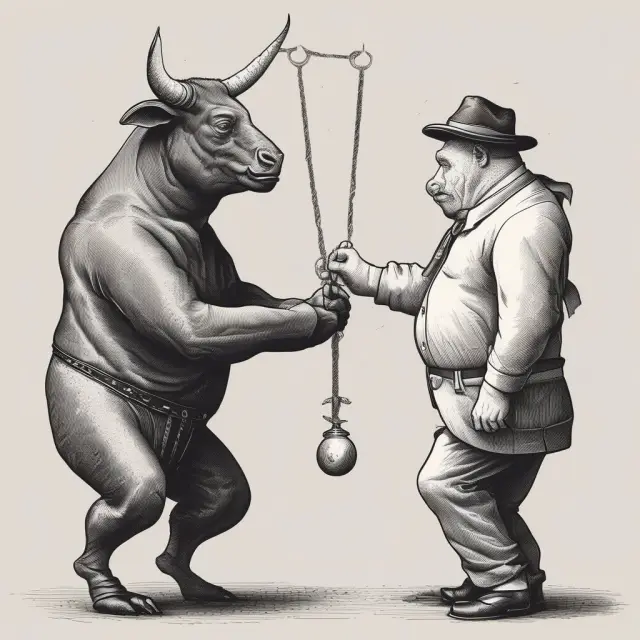 Two animals representing bull (profits) and bear (risks) in a dance, symbolizing the balance of limited profit potential and volatility risks in a zero cost collar strategy.