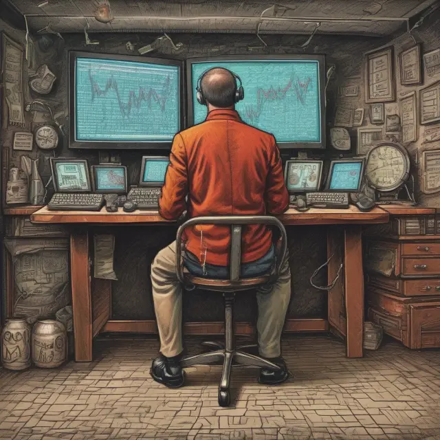 A trader meticulously monitoring a digital stock exchange, with a sea of zero-tick transactions symbolizing the evolving role of this concept in modern trading markets
