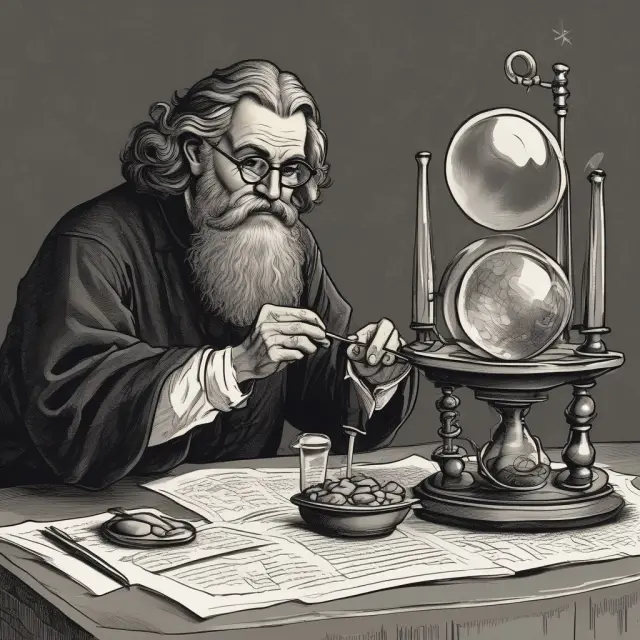 An alchemist preparing the Zeta Score calculation with financial statements: balance scale, income statement, and sales data
