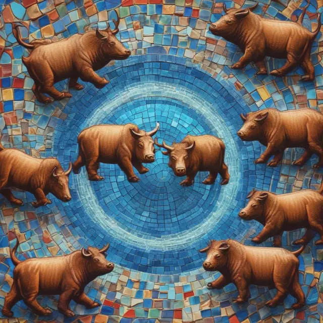 Experts forming a mosaic, depicting bulls for optimistic opinions and bears for pessimistic views surrounding the ZEW Indicator.