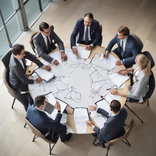 Analysts sharing insights around a round table, influencing the ZEW Indicator of Economic Sentiment for Germany