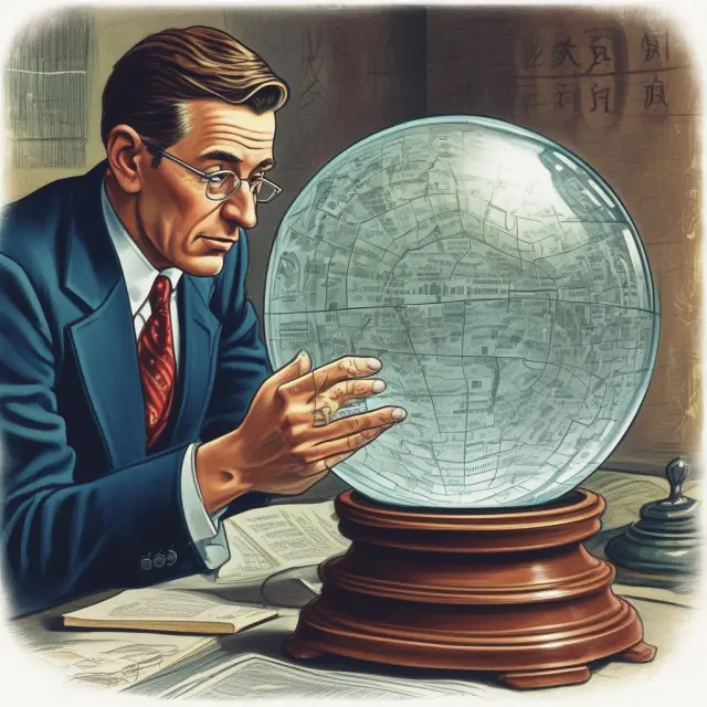 Experts inspecting crystal ball containing inflation rates, interest rates, stock markets, and oil prices for insights on German economy