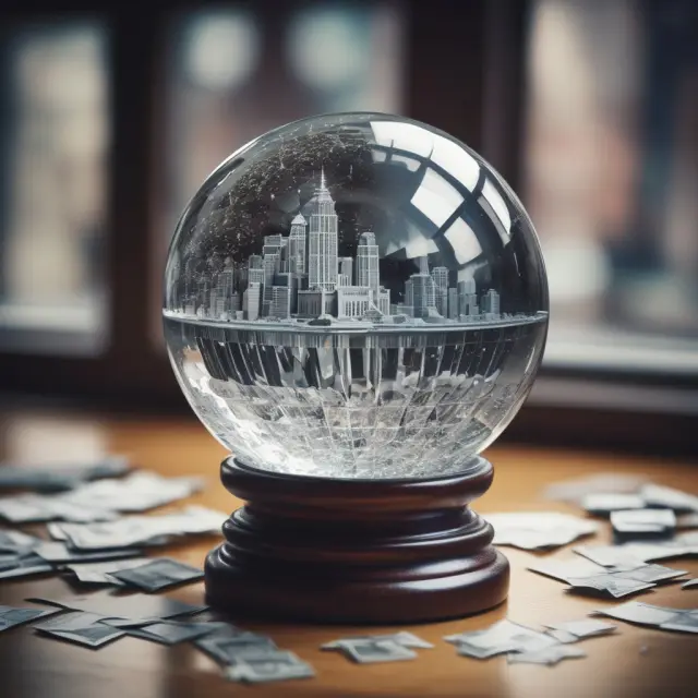 A group of experts holding a crystal ball with ambiguous economic sentiment readings, symbolizing the challenges and limitations of the ZEW Indicator.