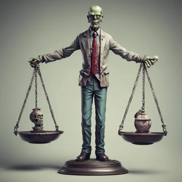 An image of a zombie bank sitting on one side of a balance scale, pulling down the other side, symbolizing delayed economic recovery due to insolvent institutions.